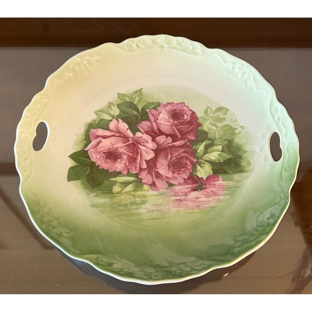 Three Crown China Germany Handled Plate‎ Embossed Cabbage Roses 10 1/2"